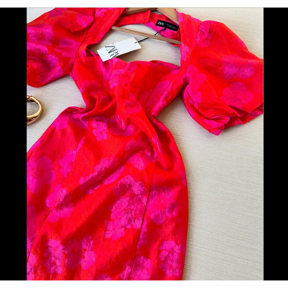 ZARA Open Back Mini Dress Puff Sleeve Fuchsia NWT - Picture 16 of 16